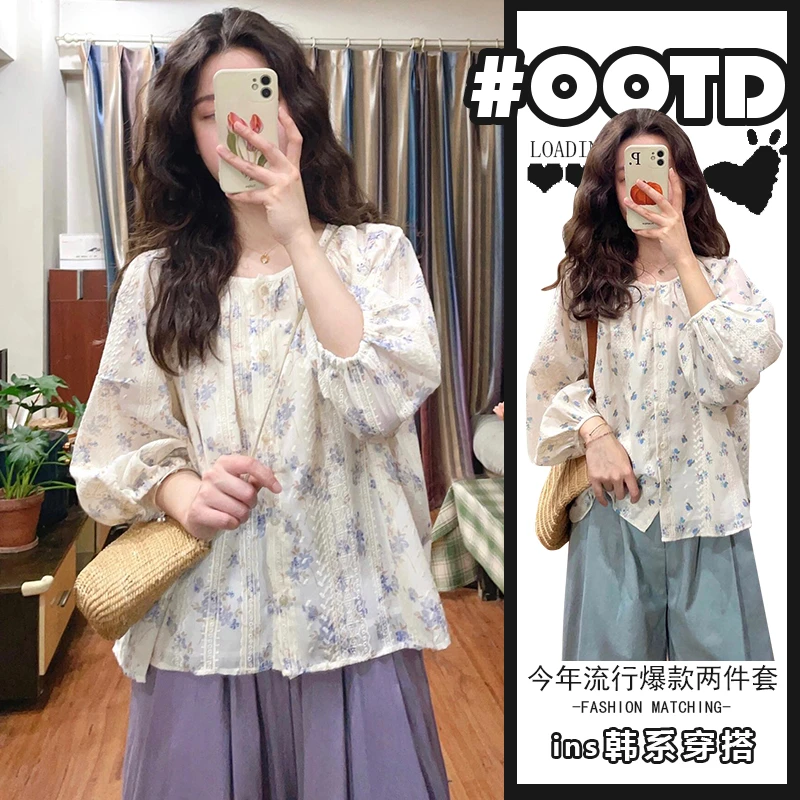 春夏季雪纺圆领碎花泡泡袖娃娃衫上衣女显瘦温柔阔腿裤气质两件套
