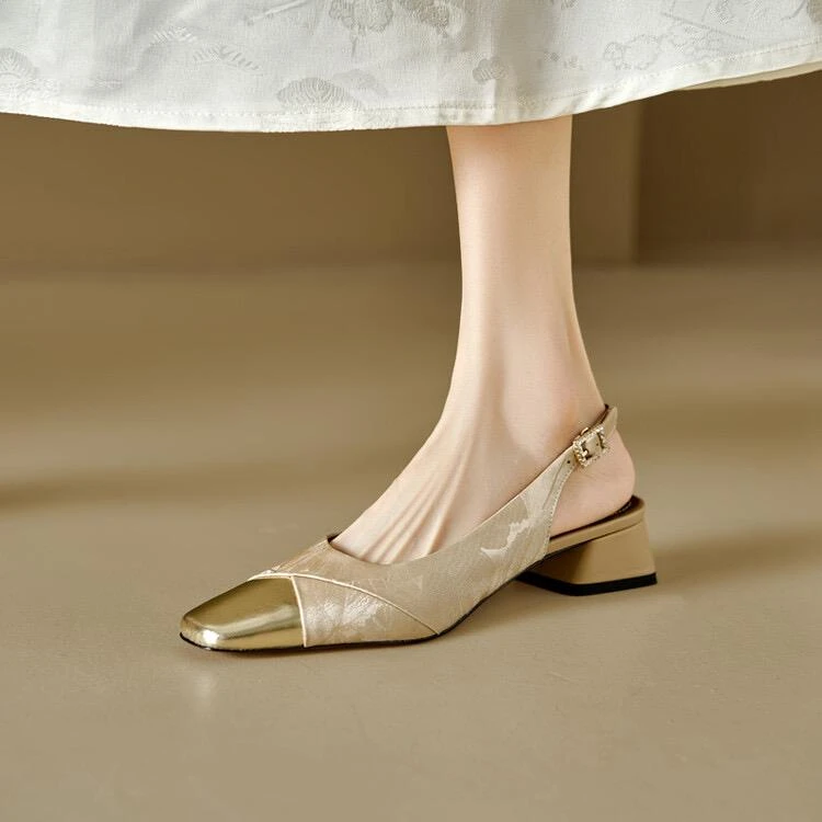 法式夏季新款小香风浅口方头拼色粗跟后空气质包头高跟凉鞋女