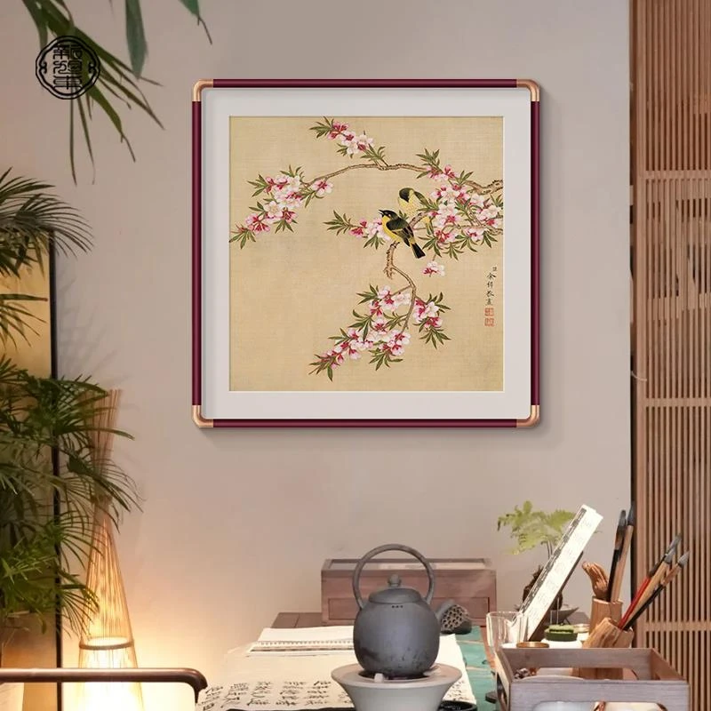 余樨花鸟图新中式茶室背景墙装饰画斗方玄关壁画宋代美学书房挂画