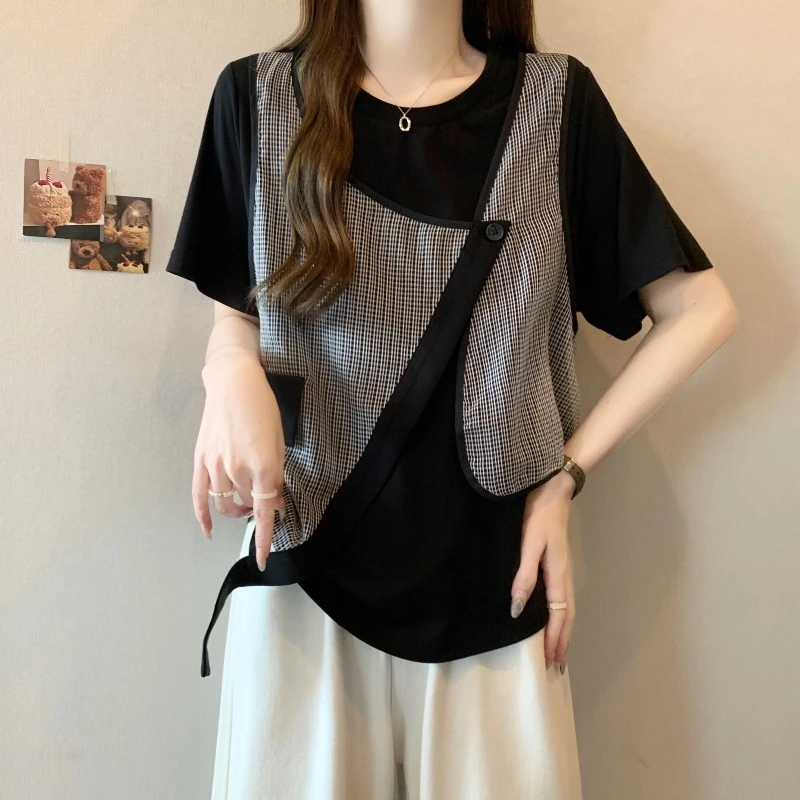 大码设计感假两件短袖T恤女夏季新款微胖MM宽松显瘦百搭洋气上衣