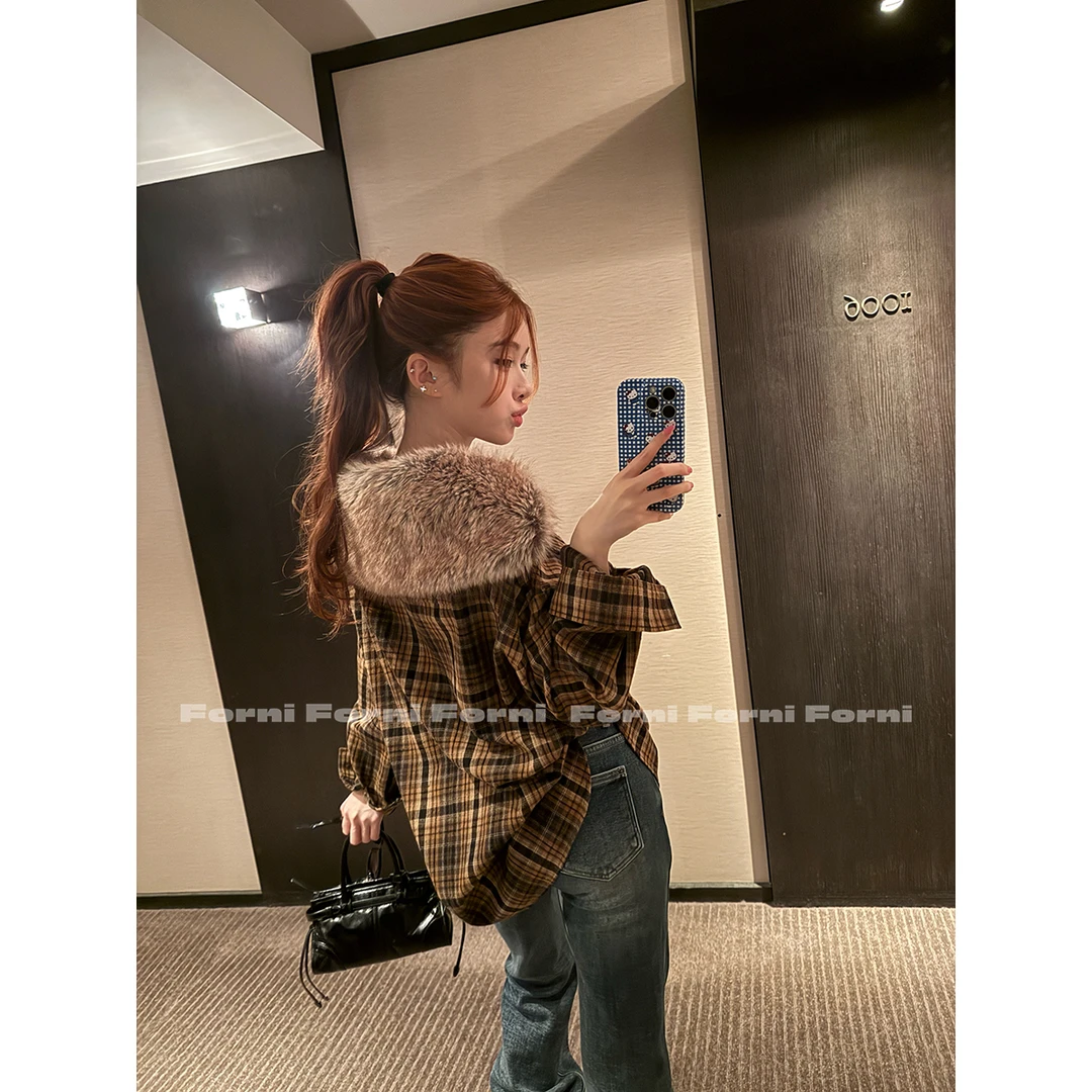 FORNI 都市猎装衬衫 拼接毛领100全棉格纹衬衫