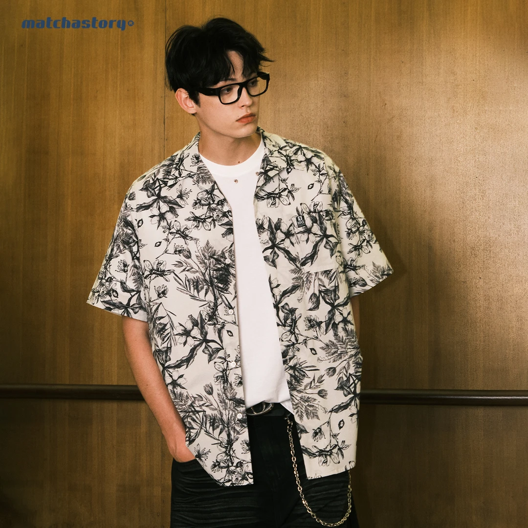 抹茶故事水墨树叶满印休闲短袖衬衫男女夏季新款上衣M25731719