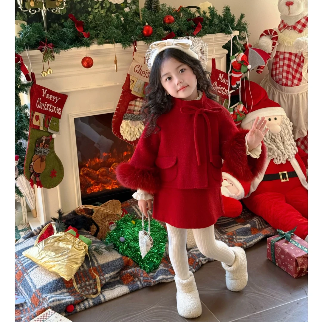 狐狸毛）壹妈原创童装冬韩版红色加厚小香风外套背心裙两件套