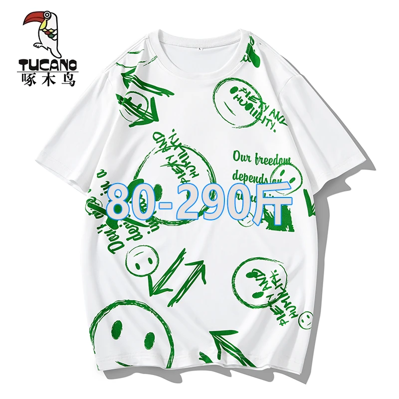 啄木鸟夏季笑脸印花短袖恤男大码宽松潮牌圆领上衣时尚港风短袖