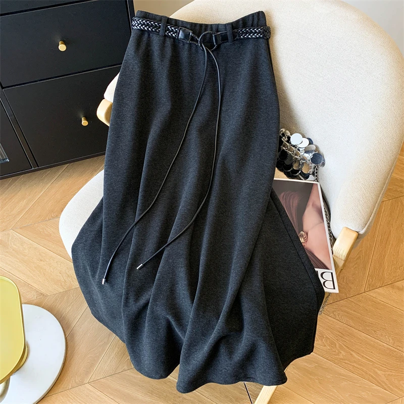 实拍简约慵懒风糯米绒半身裙秋冬高腰垂感宽松休闲长裙大摆伞裙