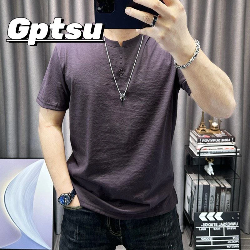 GPTSu天丝棉麻短袖t恤男夏季高端休闲透气上衣半袖男士薄款体恤衫