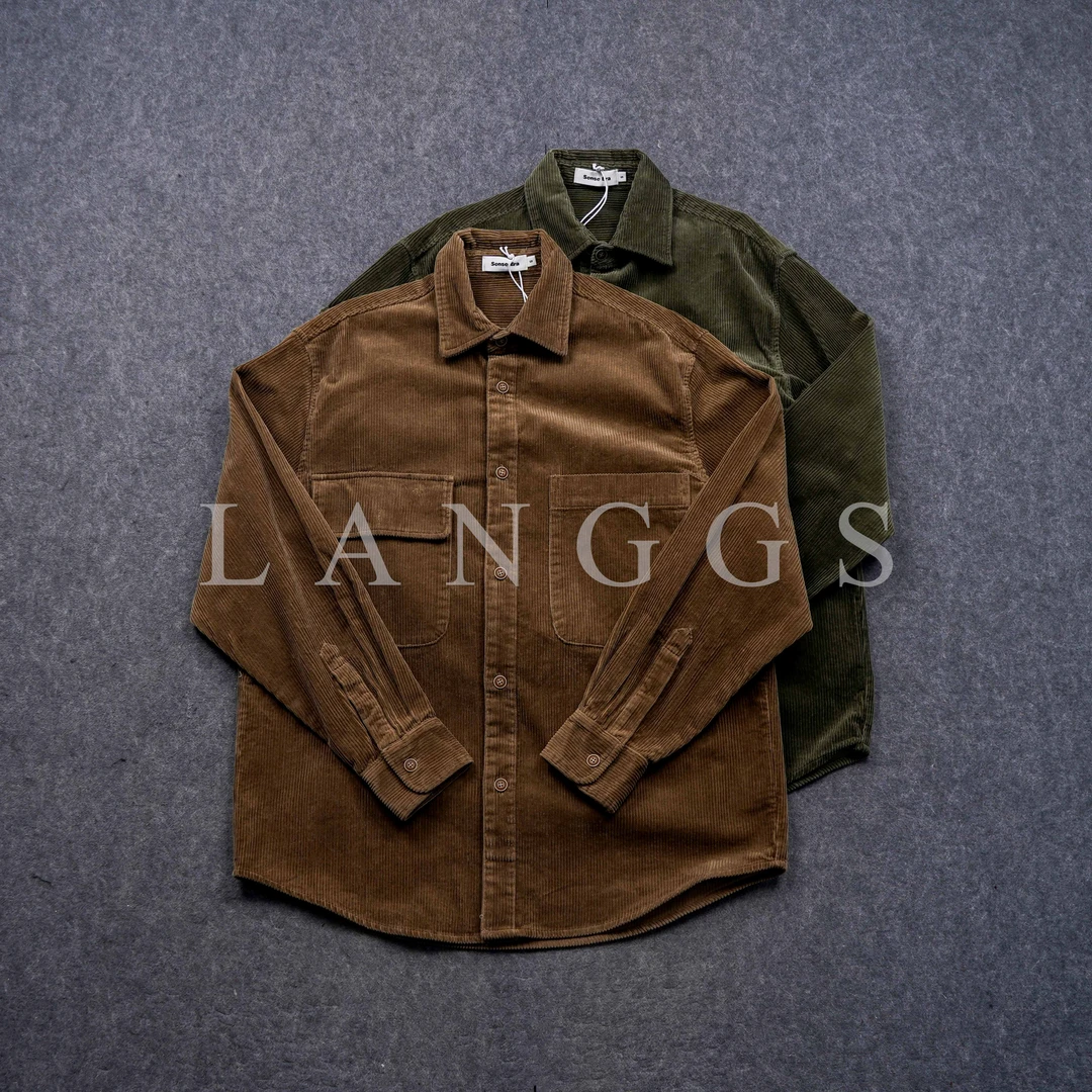 LANGGS&浪叔 2025春季新款纯棉日系复古宽松灯芯绒长袖衬衫-99645