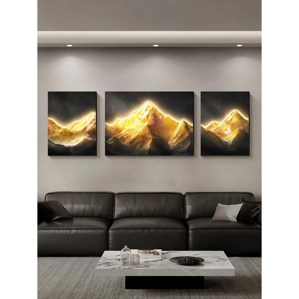 日照金山客厅装饰画高级感背有靠山沙发背景墙挂画立体感氛围灯画