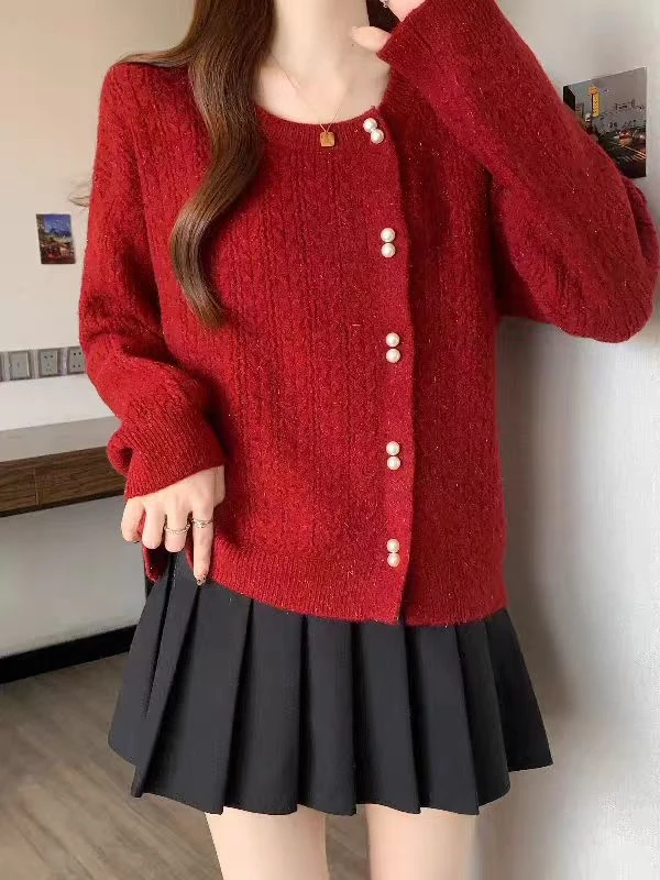 韩系高级红色亮丝毛衣外套女秋冬2025新款大码胖mm宽松针织衫上衣