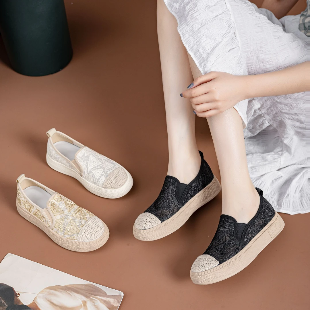 5883 大码渔夫鞋40-43新款百搭蕾丝女鞋网纱圆头厚底低跟单鞋女