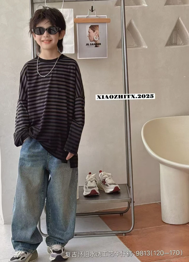 小智同学2025秋冬新款牛仔裤老爹裤萝卜裤弯刀裤中大童男女宽松