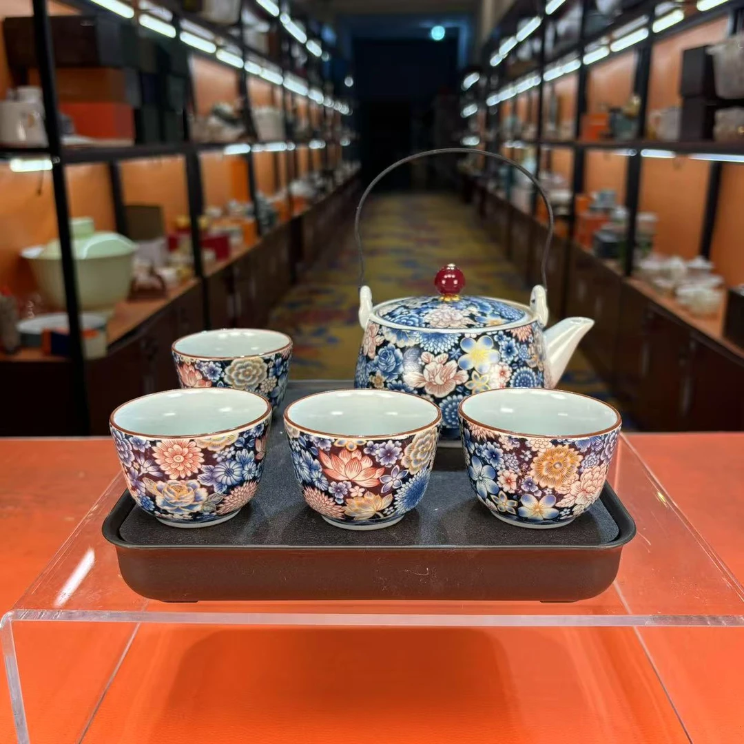 秋香茶具  复古汝窑掐丝金牡丹提梁一壶四杯小套装（无礼盒）-2070