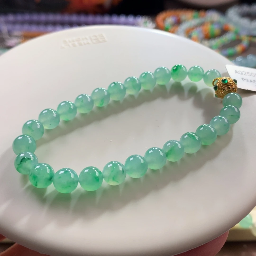 翡翠未镶嵌手链翡翠冰胶底飘金丝阳绿卡6.20+