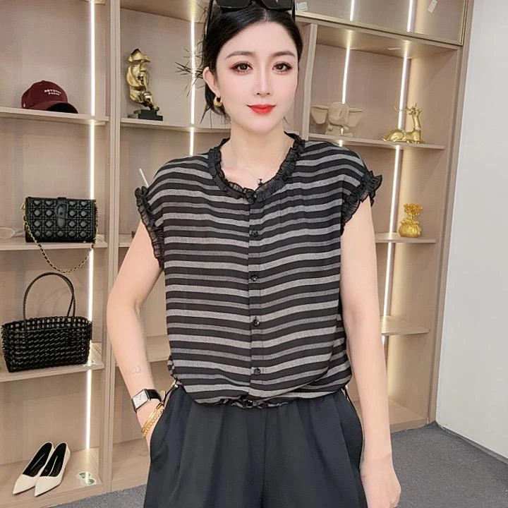 【众帆女装2】夏季荷叶边薄款冰爽条纹显瘦小衫幂式穿搭百搭短袖