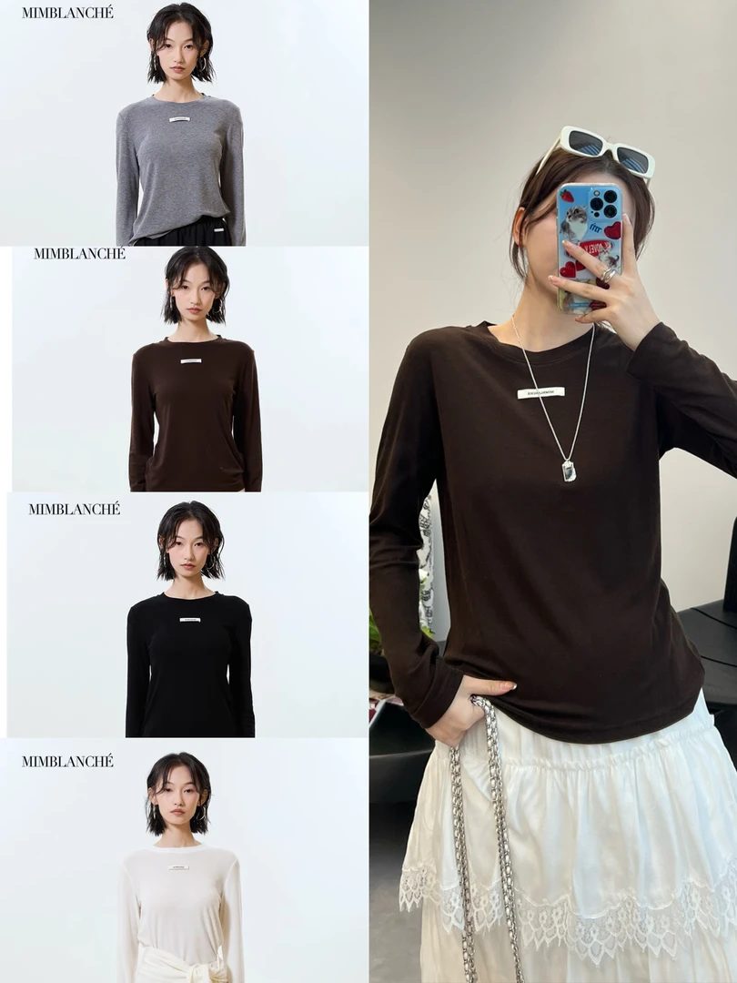 MIMBLANCHE 设计师款 小众新款 缝标黑色红色灰色白色纯色打底衫