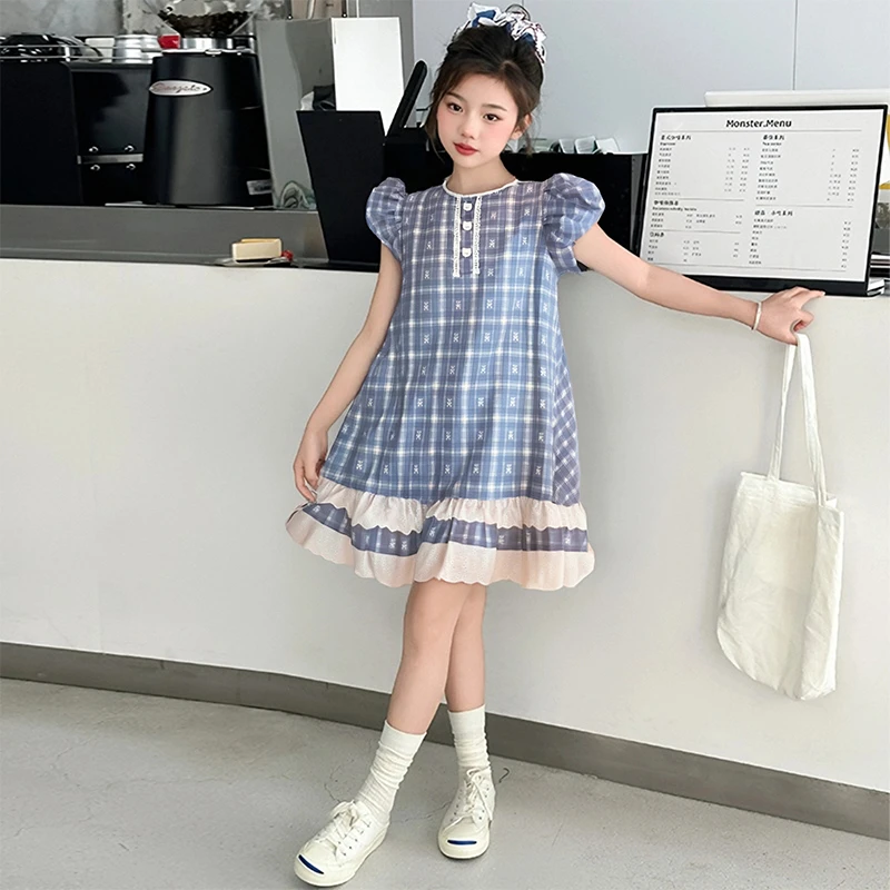 女童洋气夏季连衣裙2025新款时尚洋气女孩中大童蓝格子夏装裙子