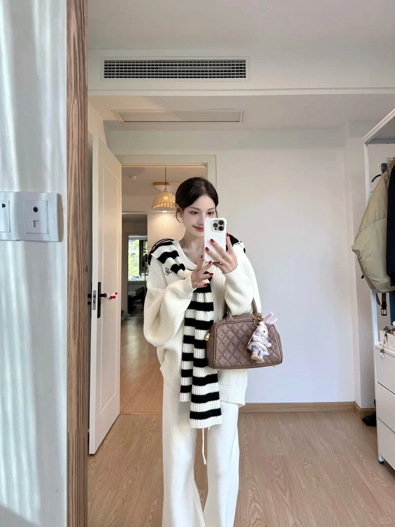 秋季新款休闲宽松针织毛衣套装女韩系撞色披肩+微喇长裤两件套女