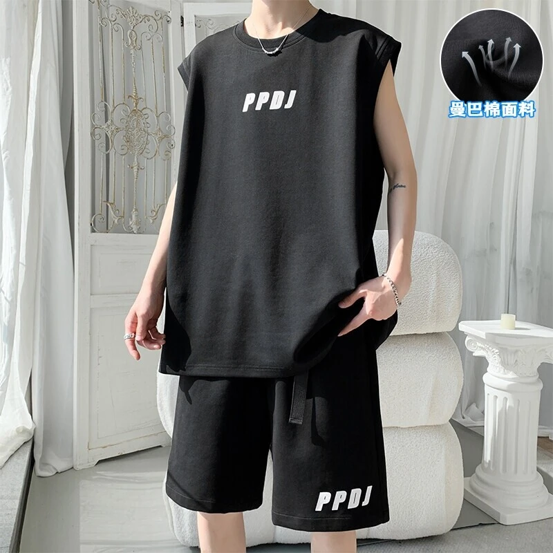 引创宽松潮流套装男2025薄款透气百搭曼巴棉无袖坎肩背心大码夏季