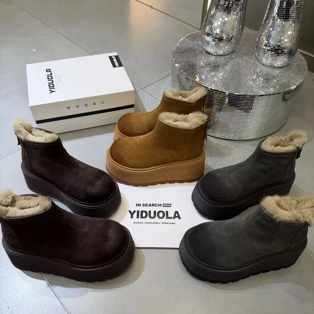 广州欧货【咖啡屋】冬季加绒8cm真皮韩版中筒英伦圆头轻奢马丁靴