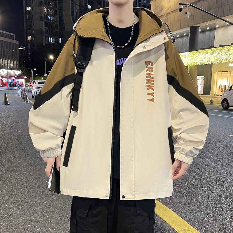 秋季新款青少年连帽撞色夹克港风潮流学院风男生百搭宽松帅气外套