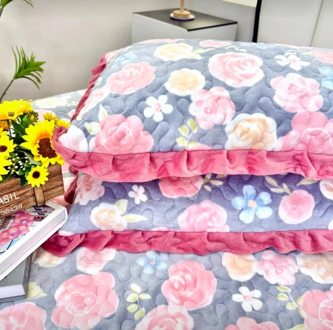 【牛奶宝宝绒枕套】新款加厚高克重宝宝绒花边枕套（一对装）