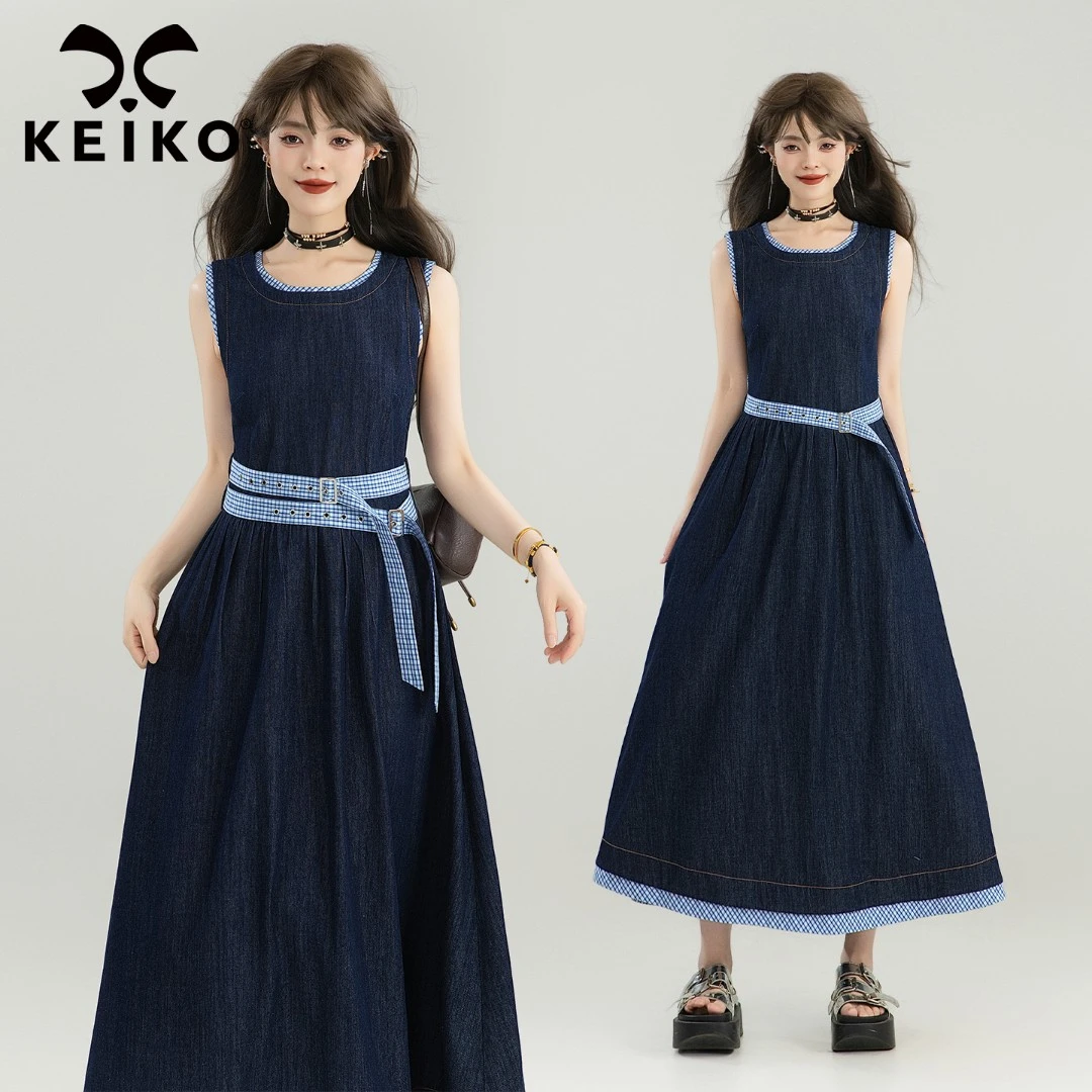 KEIKO 轻松假日感薄款无袖牛仔裙早秋气质格纹拼色系带背心连衣裙