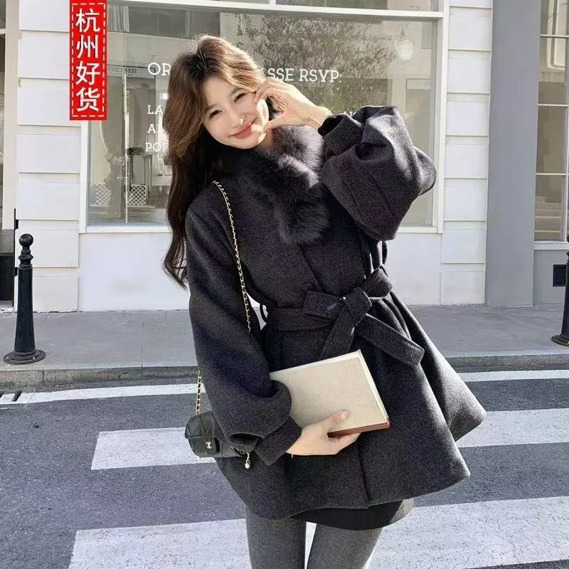 冬季毛呢外套韩版小个子显瘦短款毛领呢子大衣毛呢红色网红加厚