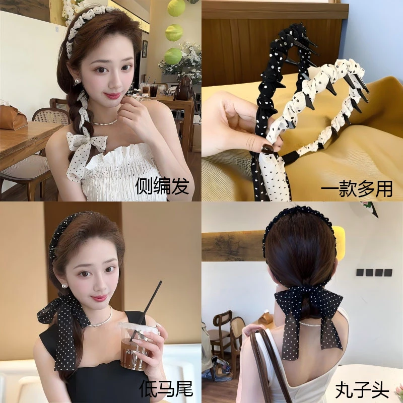 法式波点飘带发箍高颅顶显脸小发饰气质甜美百搭夏季头饰带齿防滑