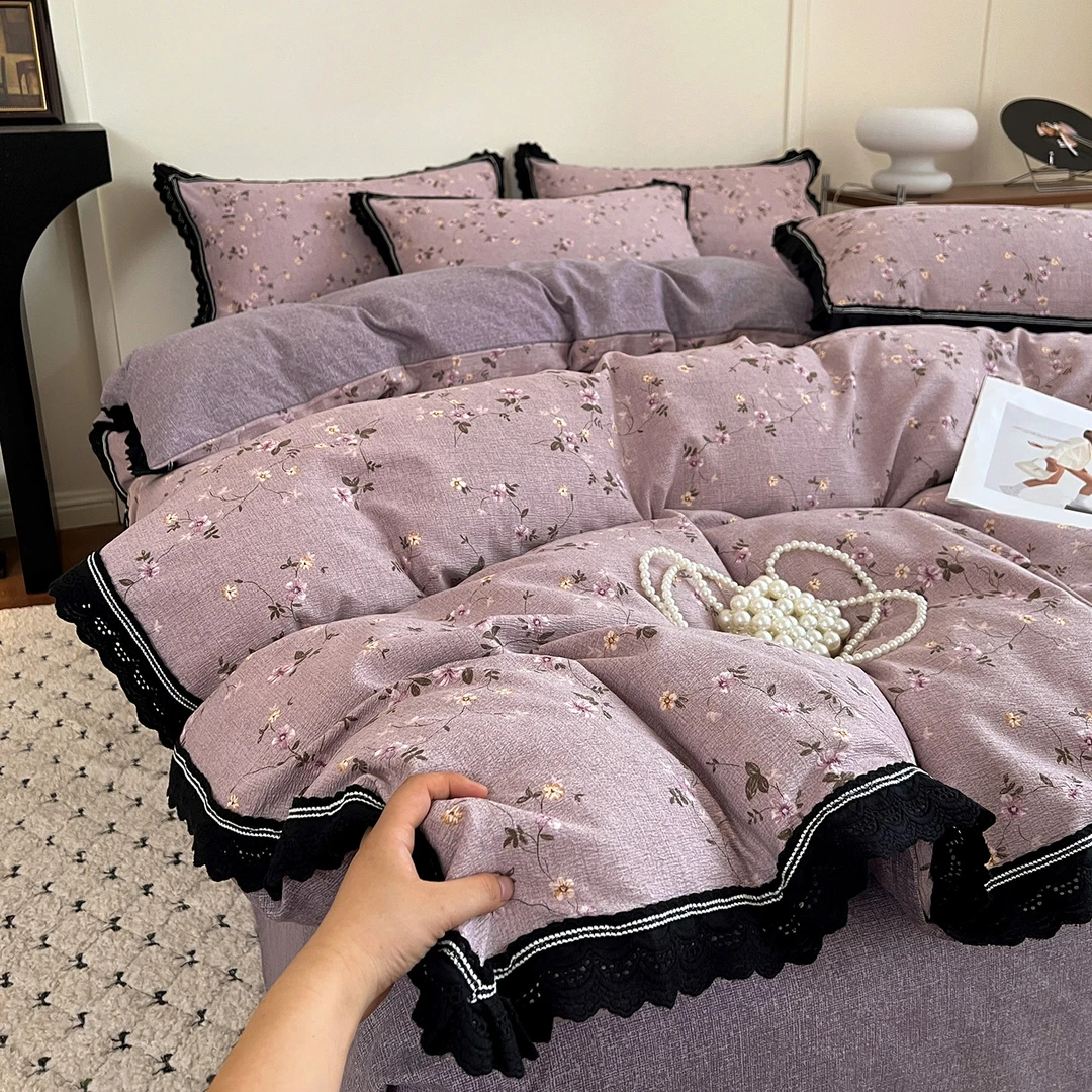 秋冬新品加厚高克重麻复古风亚麻皱皱纱黑色花边床盖床单四件套
