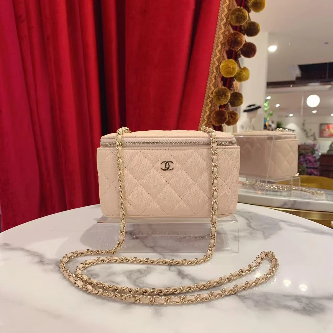 95新 Chanel/香奈儿 长盒子包奶茶色金扣荔枝牛皮单肩包/31704118