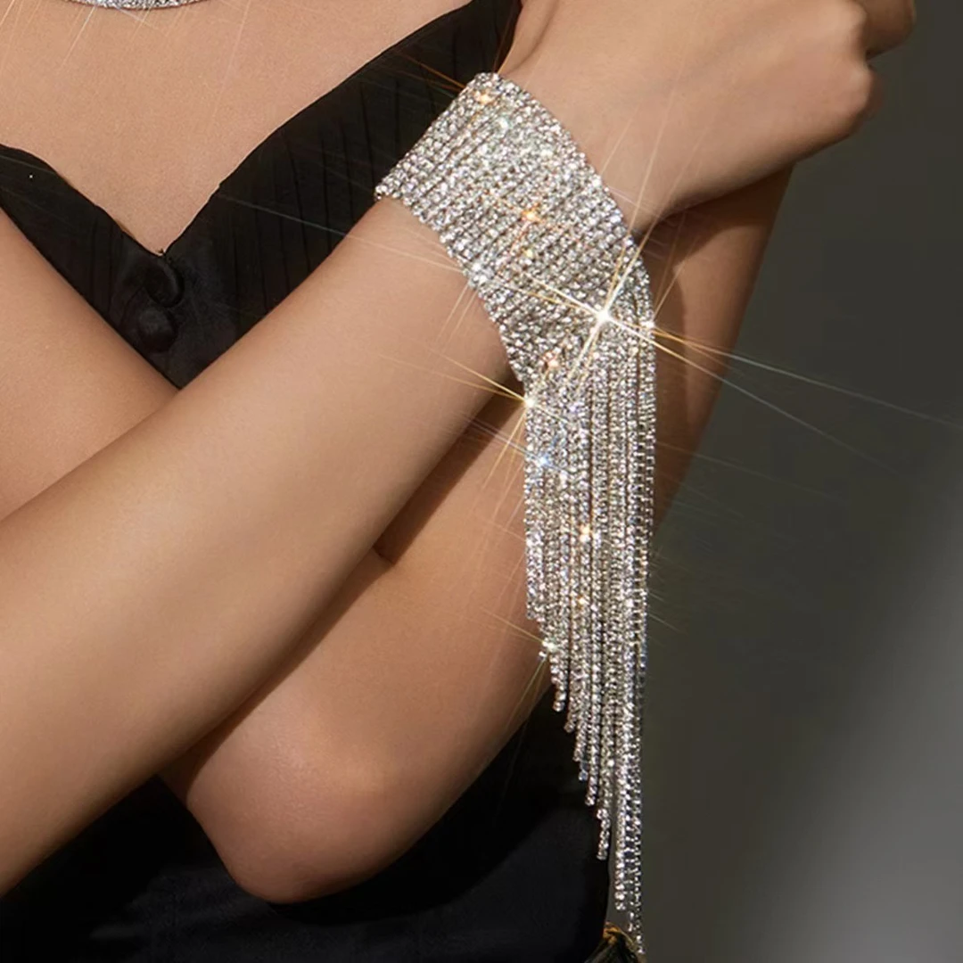 铜合金锆石手链 05259大淇原创夸张闪闪宽边流苏百搭气质手链