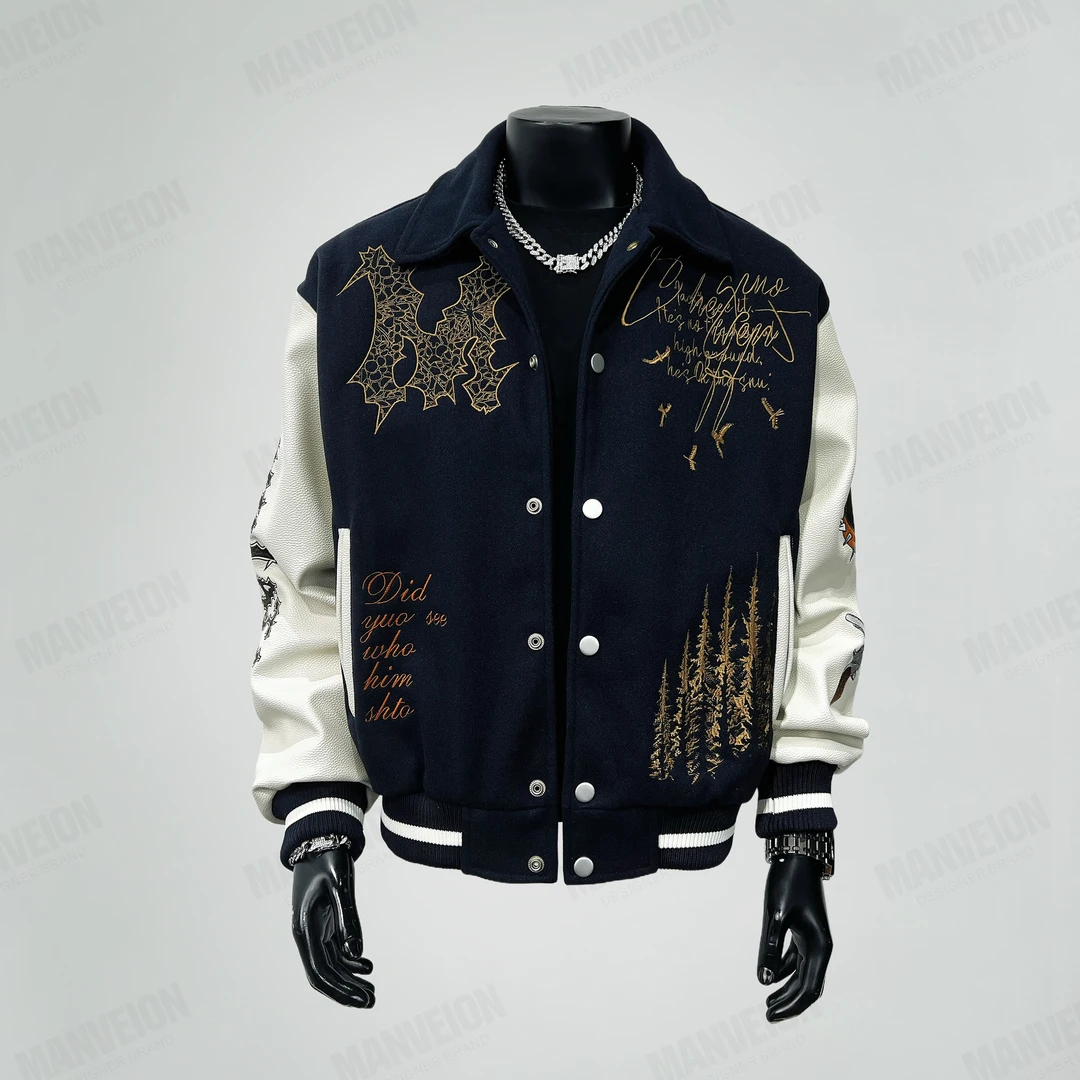 MANVEION害群之马重工刺绣狗头棒球服外套高级感呢料翻领美式夹克