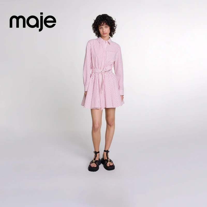 暖系穿搭|Maje新款女装法式甜美气质收腰条纹连衣裙MFPRO03726