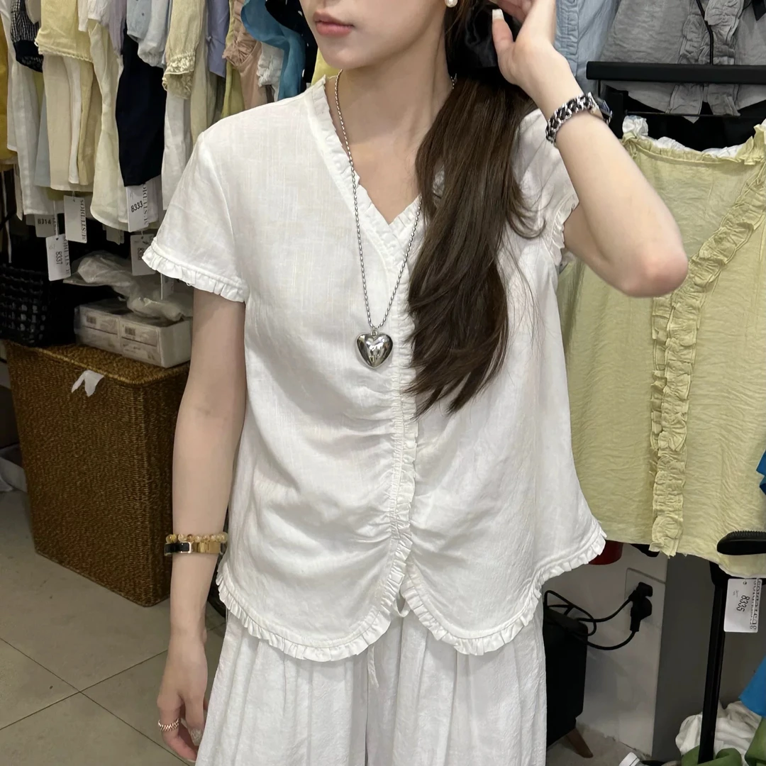 韩代苎麻显瘦V领设计感衬衫8329