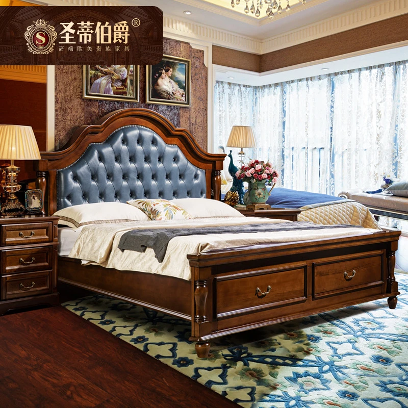 别墅床高端美式真皮床主卧大床1米8实木软包床结婚家具复古双人床