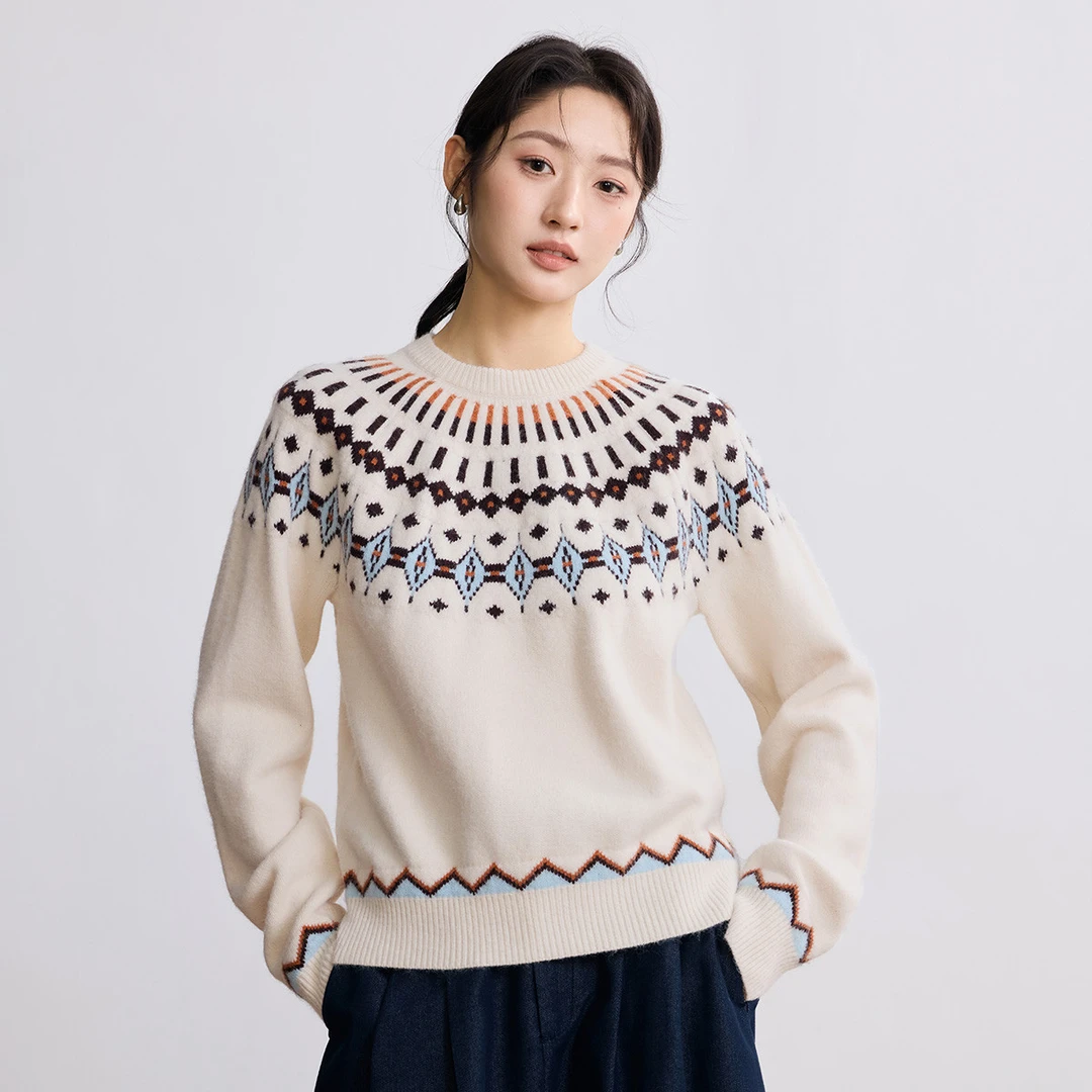 茵曼费尔岛撞色提花套头毛衣女2025秋冬款北极绒慵懒针织衫
