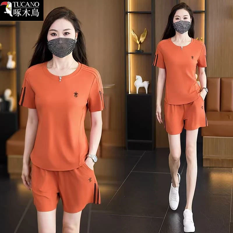 啄木鸟新款休闲百搭套装女士减龄圆领拼色夏季短袖上衣短裤两件套