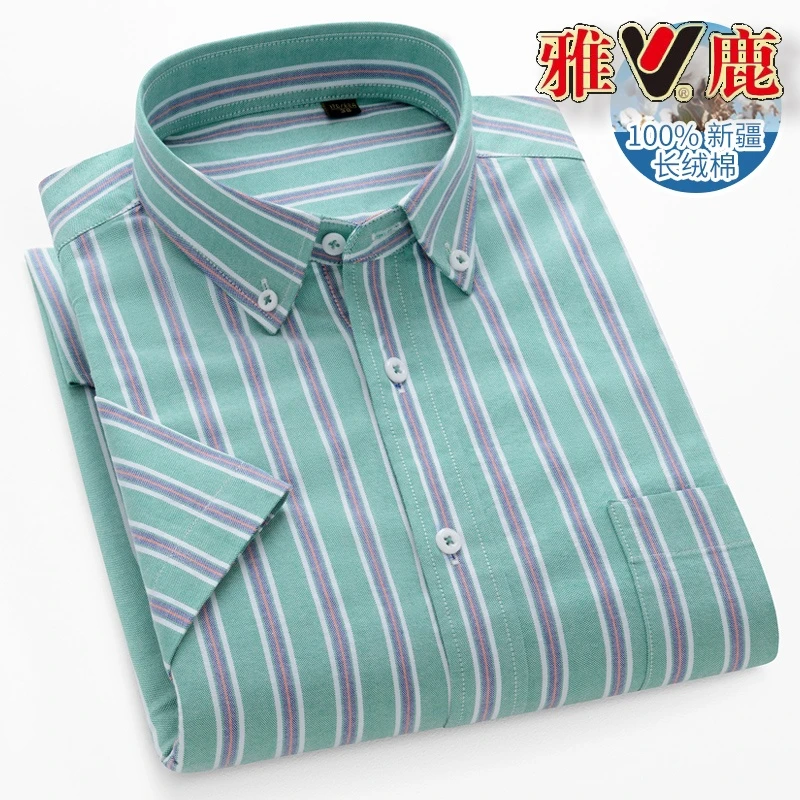 雅鹿正品短袖男士夏季男纯棉衬衫修身东方洛可可中年商务格子男装