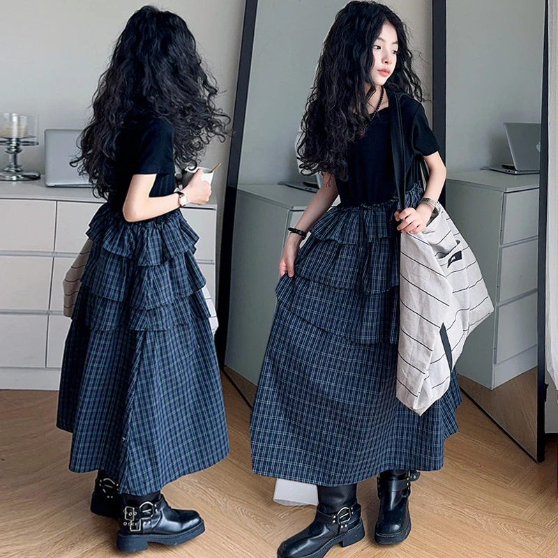 女童韩系连衣裙夏装2025儿童不规则格子长裙大童女孩时尚拼接裙子