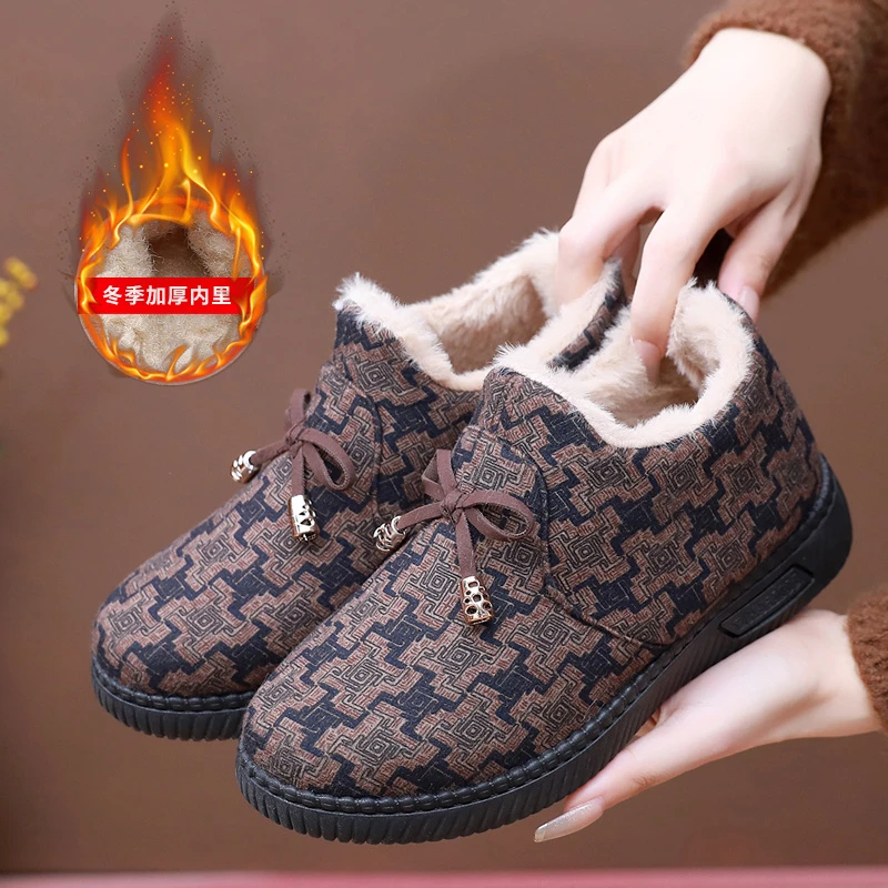 冬季加绒加厚软底妈妈鞋平底圆头舒适奶奶鞋拼色格子休闲风棉鞋