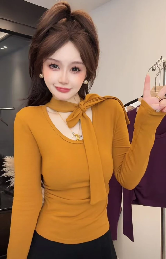 2025秋冬新款加绒设计感飘带长袖T恤女气质显瘦修身打底衫上衣