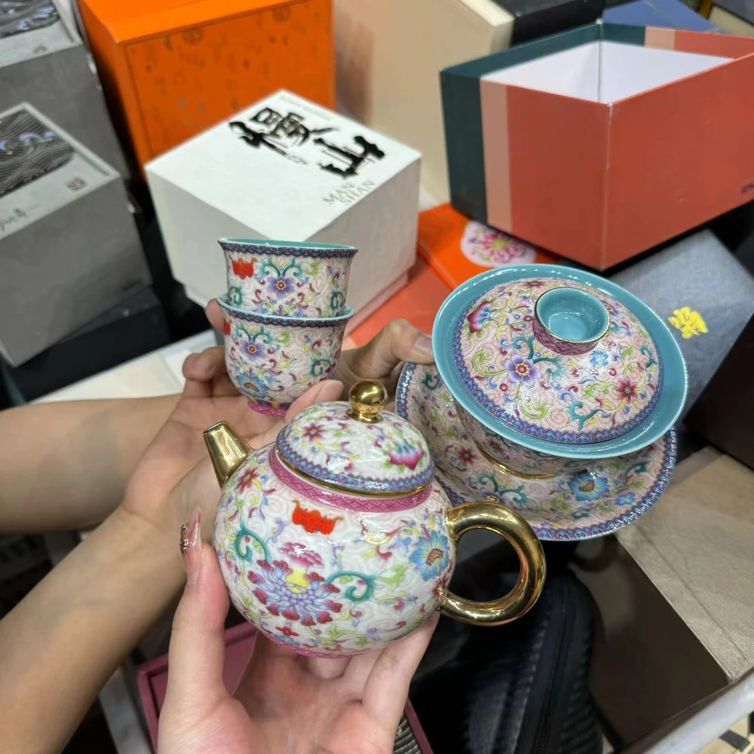 (胡子茶器)衡山社传世珐琅彩花开富贵茶壶加三才盖碗加俩客杯 tt