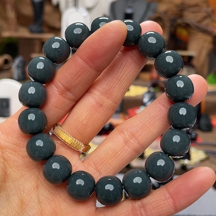 和田玉（墨玉）未镶嵌手串精工老12老型墨蓝迪灰