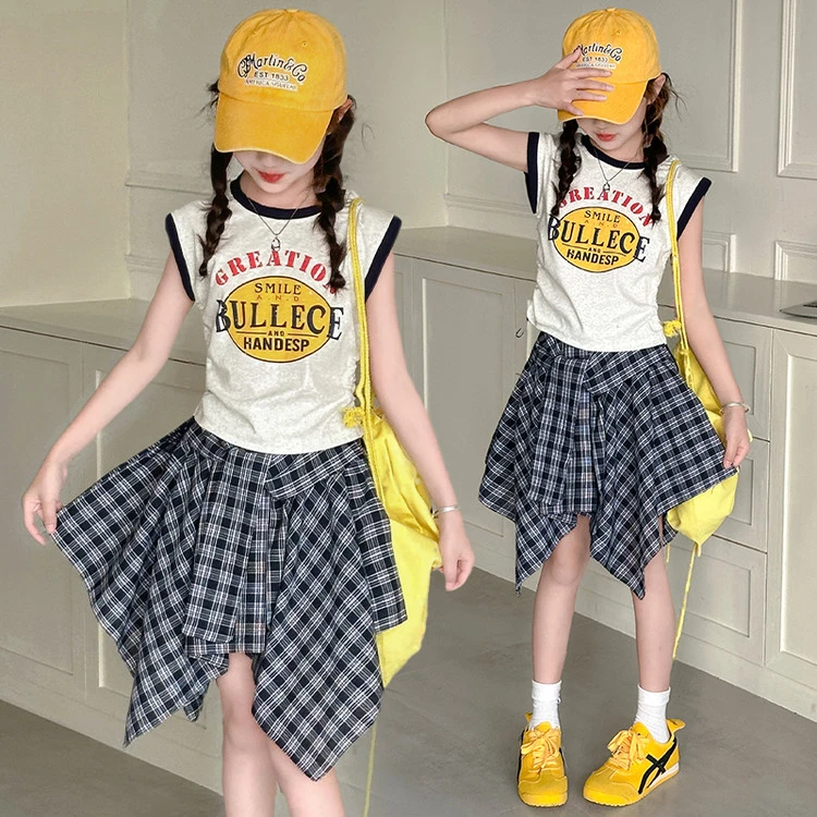 女童夏装套装2025新款儿童洋气薄款无袖抽绳短袖夏季格子裙两件套