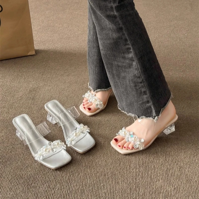 原创鞋子法式水钻一字带高跟鞋凉鞋夏季配裙子粗跟舒适透明凉拖鞋