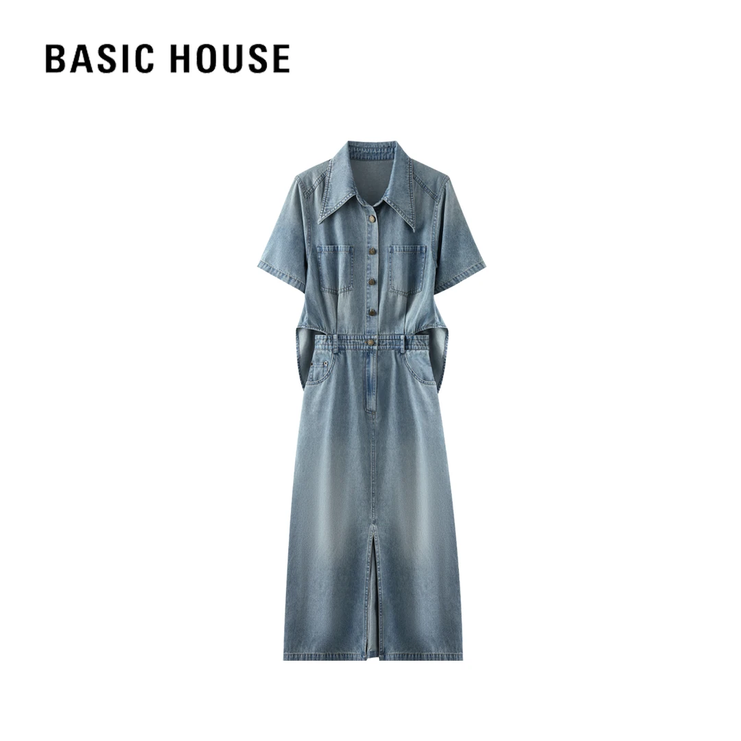 Basic House/百家好夏季显瘦气质蓝色高腰宽松设计师牛仔连衣裙