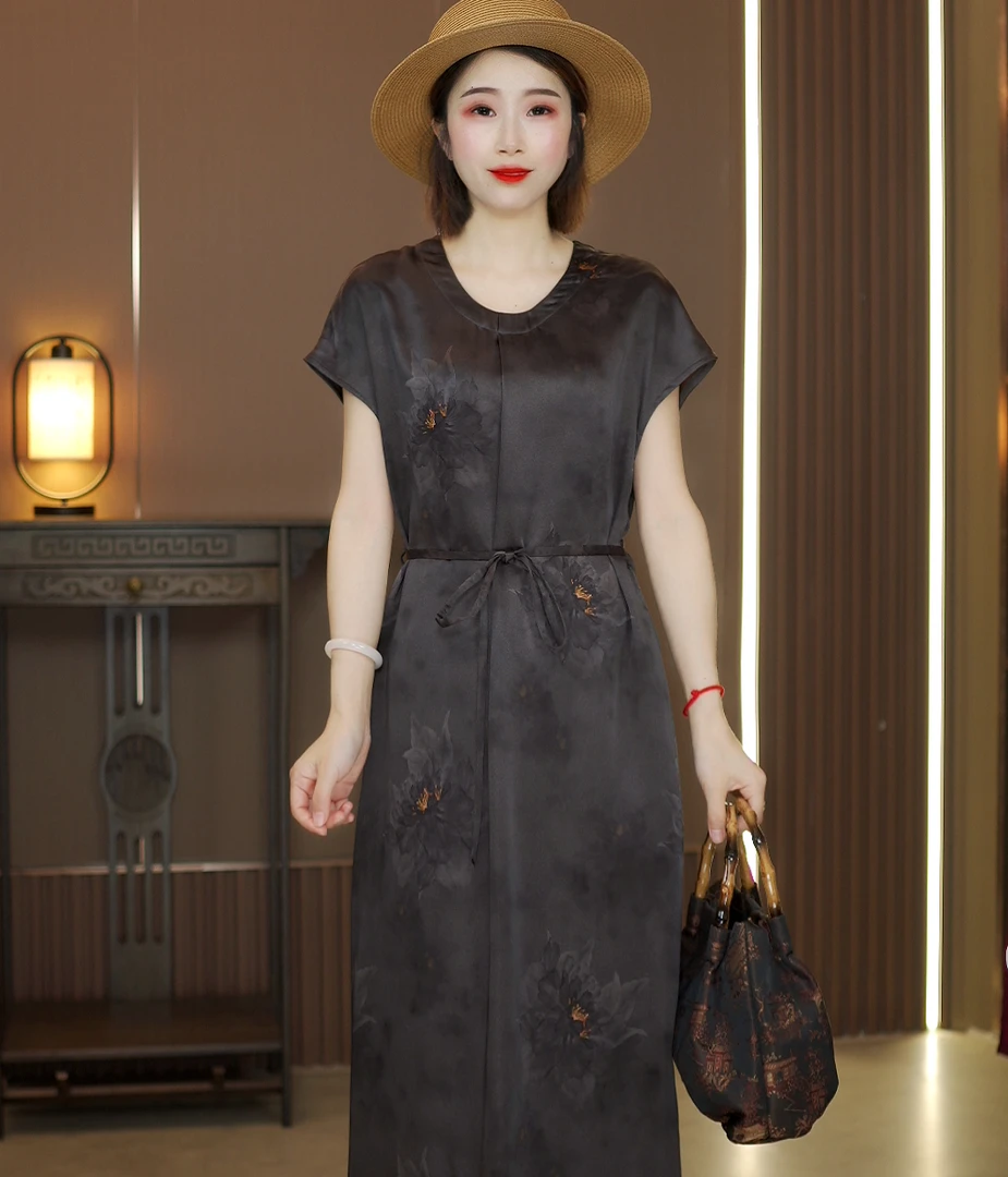 【兰轩】2025重锻油皮子老料香云纱 时尚长款高腰贵夫人复古连衣裙