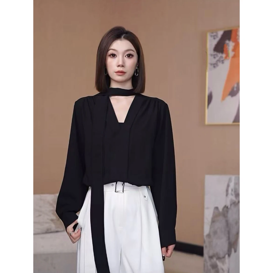 设计感小众中长款上衣纯色v领飘带衬衫女装夏季秋薄款