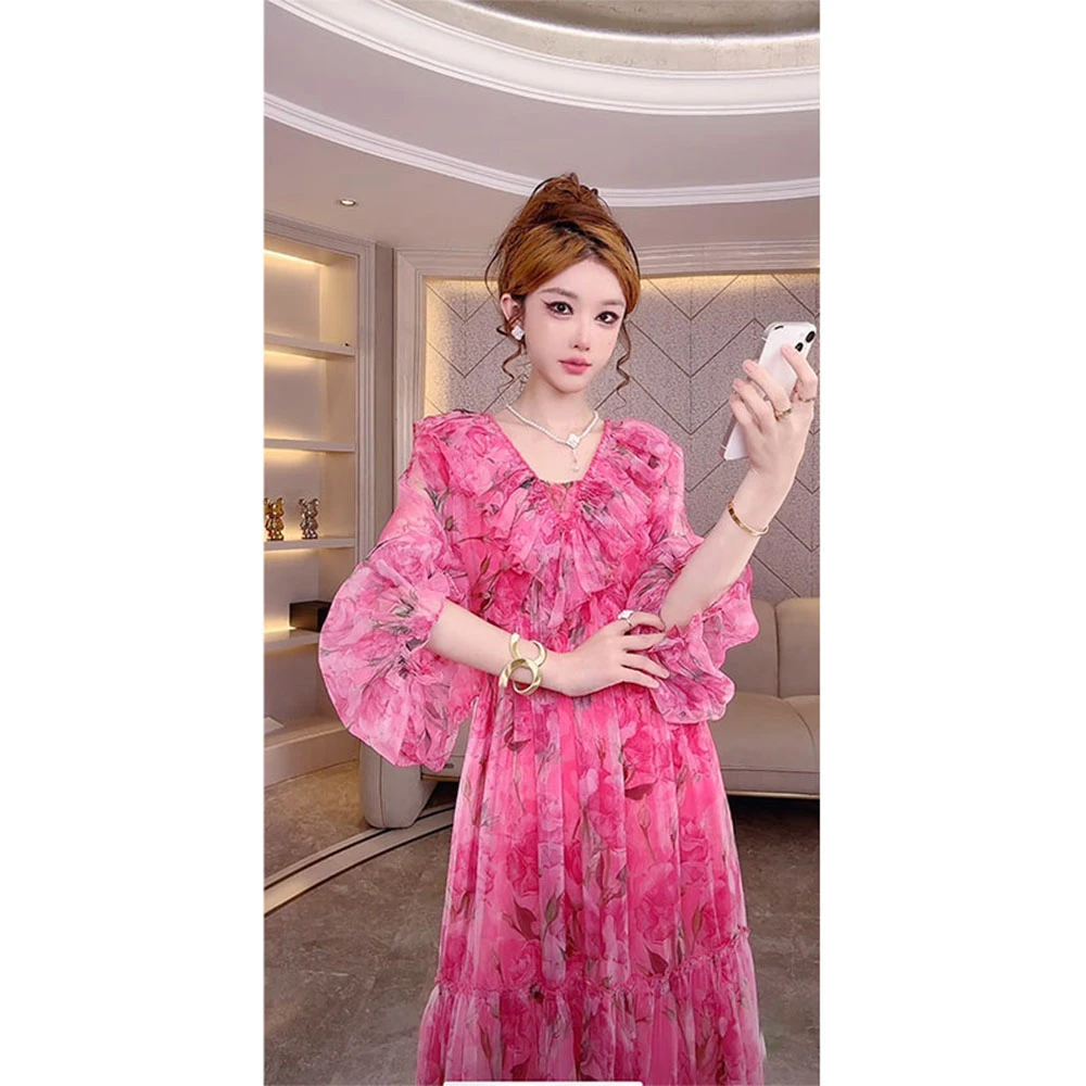 【苗小年】夏季法式轻奢时尚海边度假印花宽松显瘦气质连衣裙