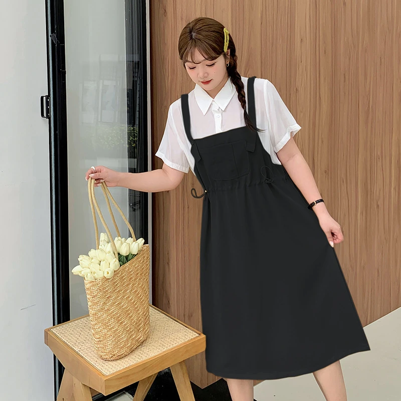 学院风减龄假两件背带连衣裙女2025夏季新款胖mm收腰时尚中长裙